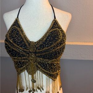 Gold and Black Beaded Halter Tank Top